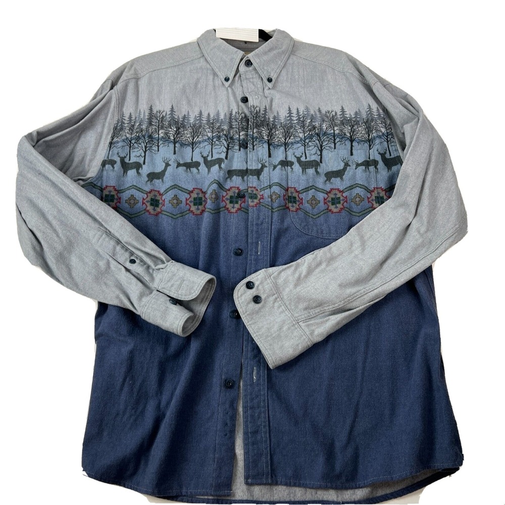 Cabela's L/S Shirt Men's Gray/Blue  Chamois Aztec Deerskin Soft Southwest  L